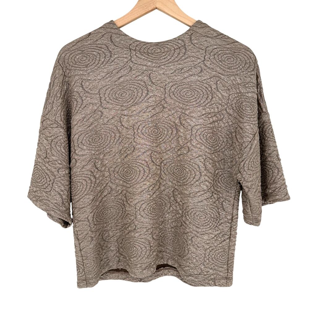 ZARA Basic S Brown Metallic Textured Knit Short Sleeve Top Sparkle Glam Back Zip